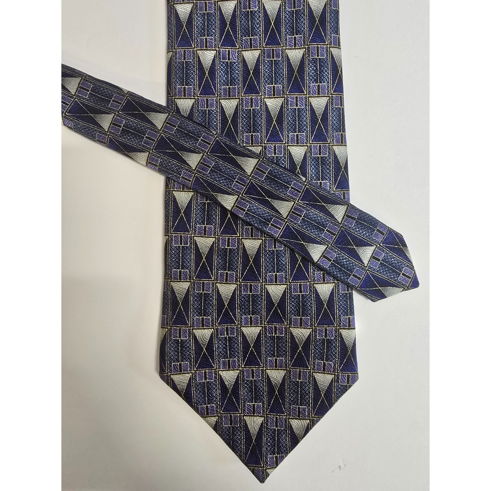 Zylos George Machado Pointed Necktie Mens Navy Blue Geometric Imported Silk